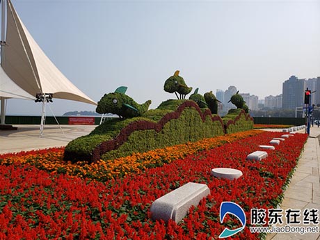 植物雕塑飞“鱼跃” 主题花坛迎国庆